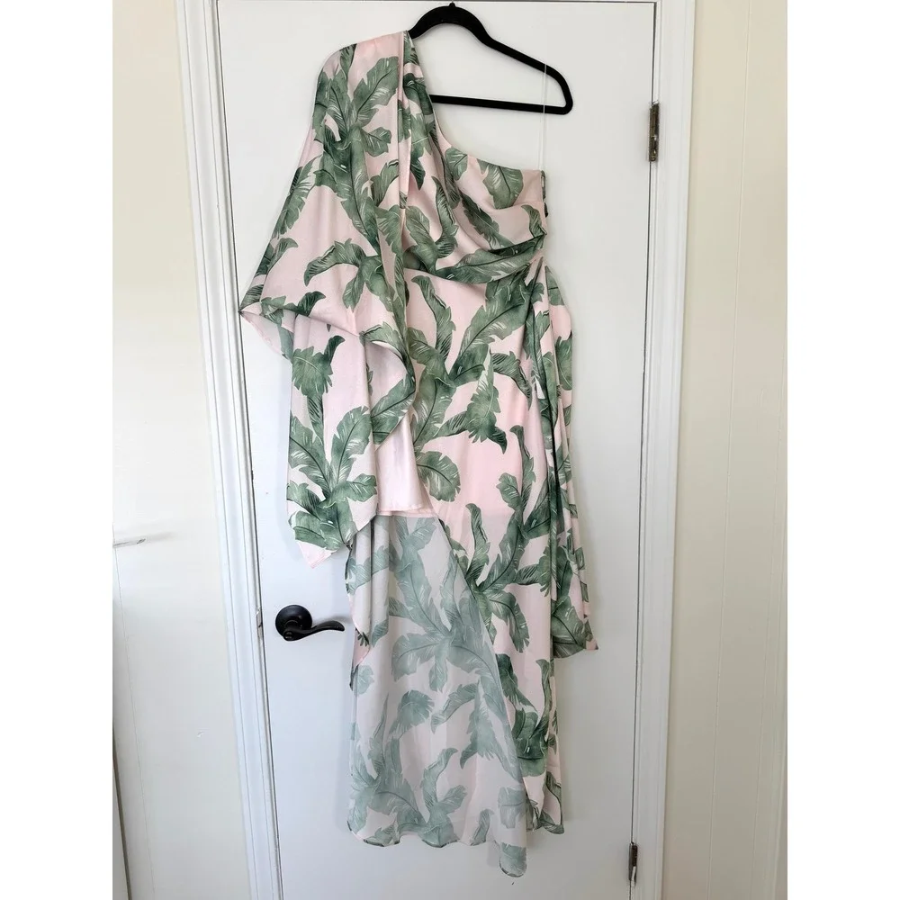 Significant Other $329 Pink Green Tropical Leaf‎ One Shoulder Maxi Dress US 10